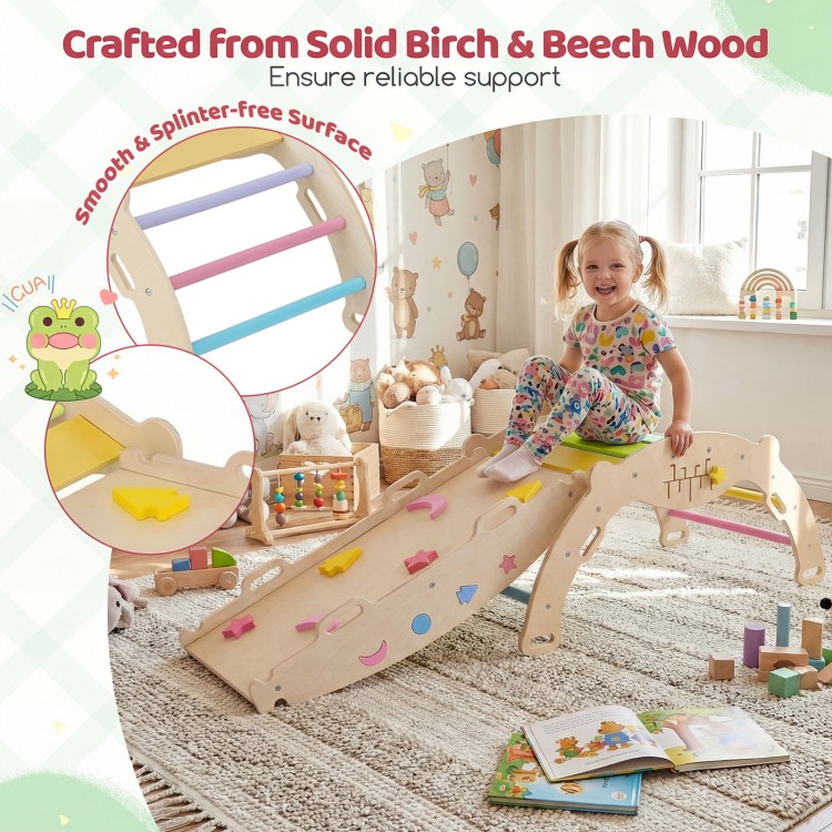 Triangle climbing set with foldable jungle gym, crafted from solid birch and beech wood, promotes active play and motor skills.