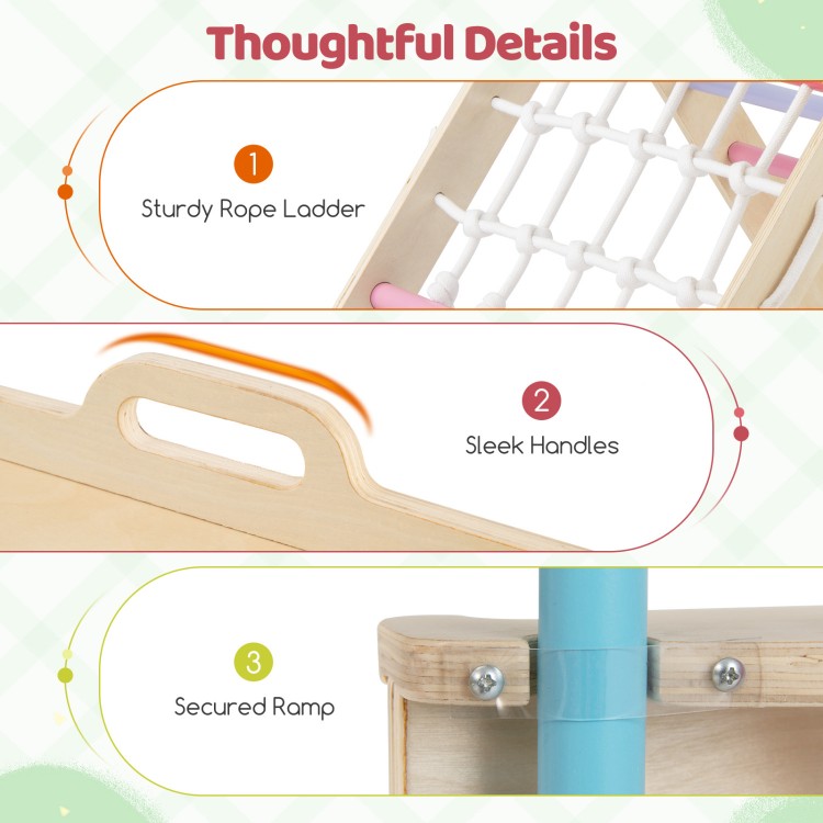 Triangle climbing set features a sturdy rope ladder, sleek handles, and a secured ramp for versatile play and storage.