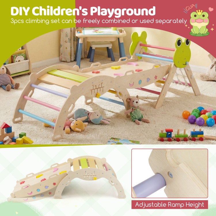 Triangle climbing set with adjustable ramp height, crafted from solid birch and beech wood, perfect for active play.