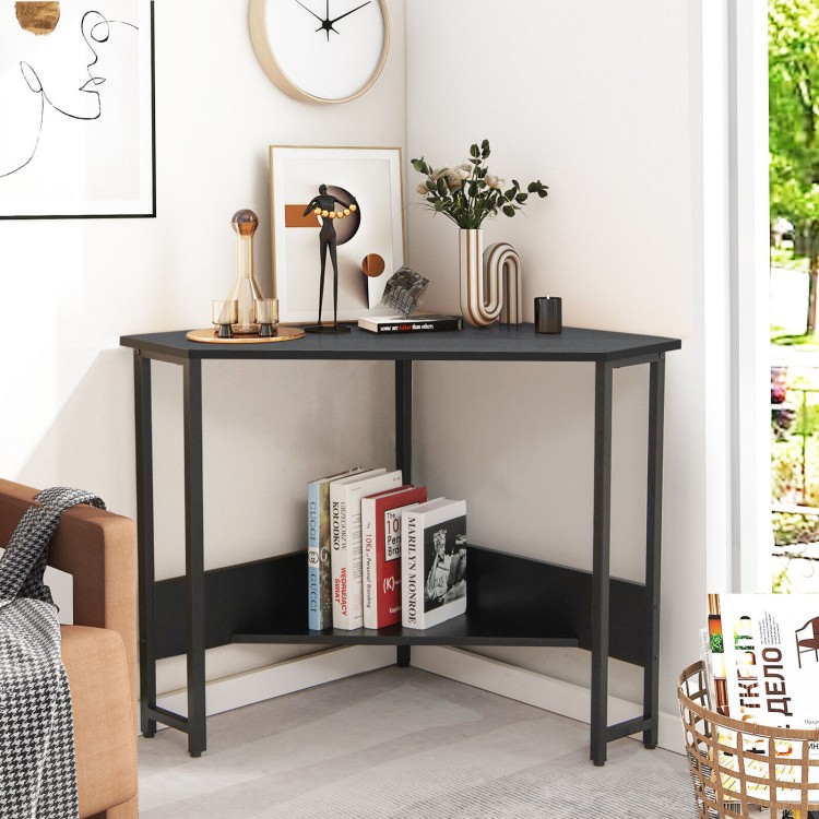 Triangle computer corner desk in black with charging station, ideal for small spaces and modern home decor.