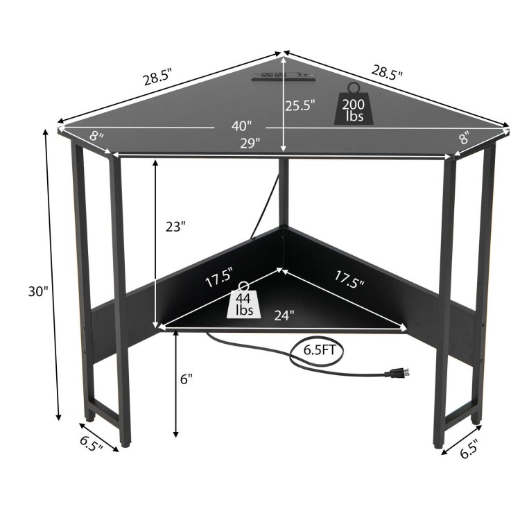 Triangle computer corner desk in black with charging station, measuring 40" x 29", ideal for small spaces.