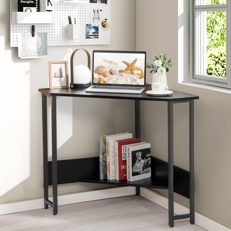 Triangle computer corner desk in black with a modern design, featuring a smooth tabletop and heavy-duty steel legs for.