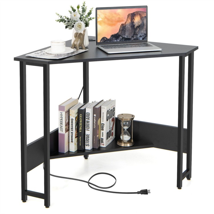 Triangle computer corner desk in black with charging station, ample storage, and modern design for small spaces.
