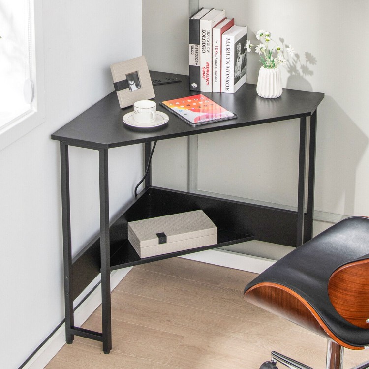 Triangle computer corner desk in black with charging station, featuring a spacious design for small living spaces.