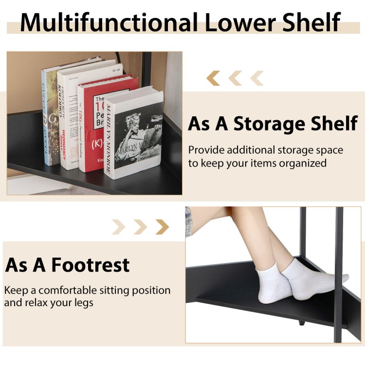 Lower shelf of the Triangle Computer Corner Desk, showcasing storage for books and as a footrest for comfort.