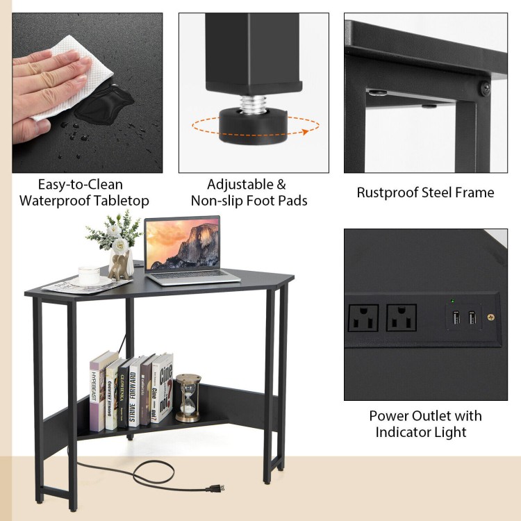 Triangle computer corner desk in black with charging station, adjustable foot pads, and ample storage for small spaces.