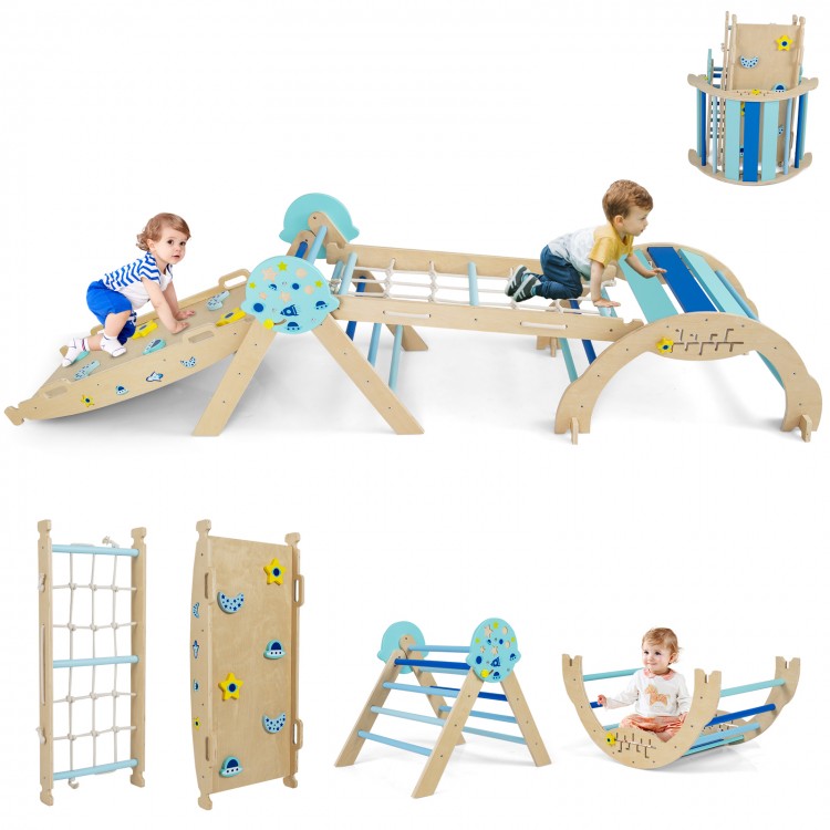 Foldable 8-in-1 baby climbing toy set in blue with beech wood, featuring a maze and climbing net for safe play.