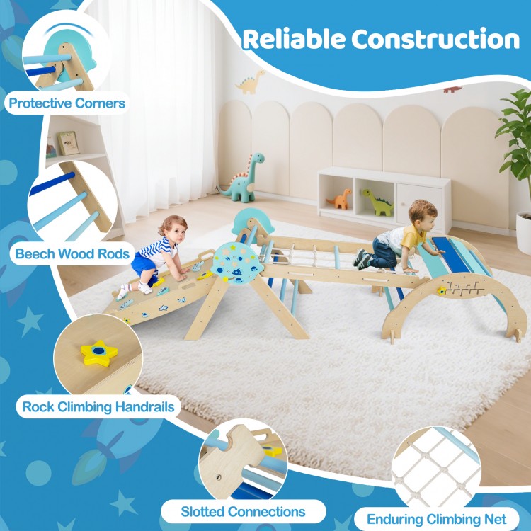 Triangle set 8-in-1 foldable baby climbing toy in blue, featuring beech wood rods and protective corners for safe play.
