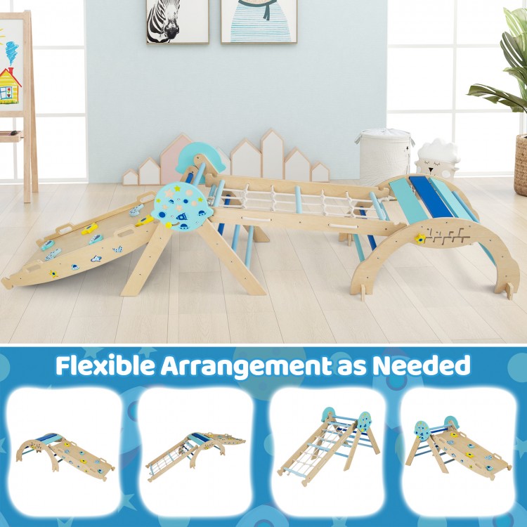 Triangle set 8-in-1 foldable baby climbing toy in blue, featuring a Montessori maze and stable beech wood construction.