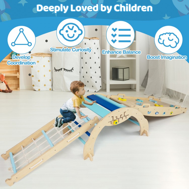 Triangle set 8-in-1 foldable climbing toy in blue, featuring a Montessori maze and stable beech wood construction for.