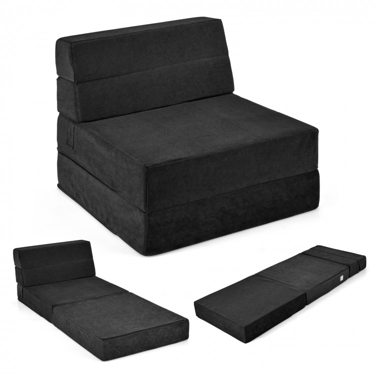 Tri-fold folding chair in black, convertible to a sleeper bed, featuring a soft flocking surface for comfort.