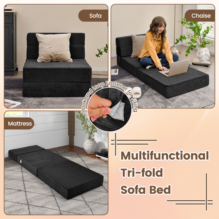 Tri-fold convertible sleeper bed in black, showcasing sofa, chaise, and mattress configurations for versatile use.