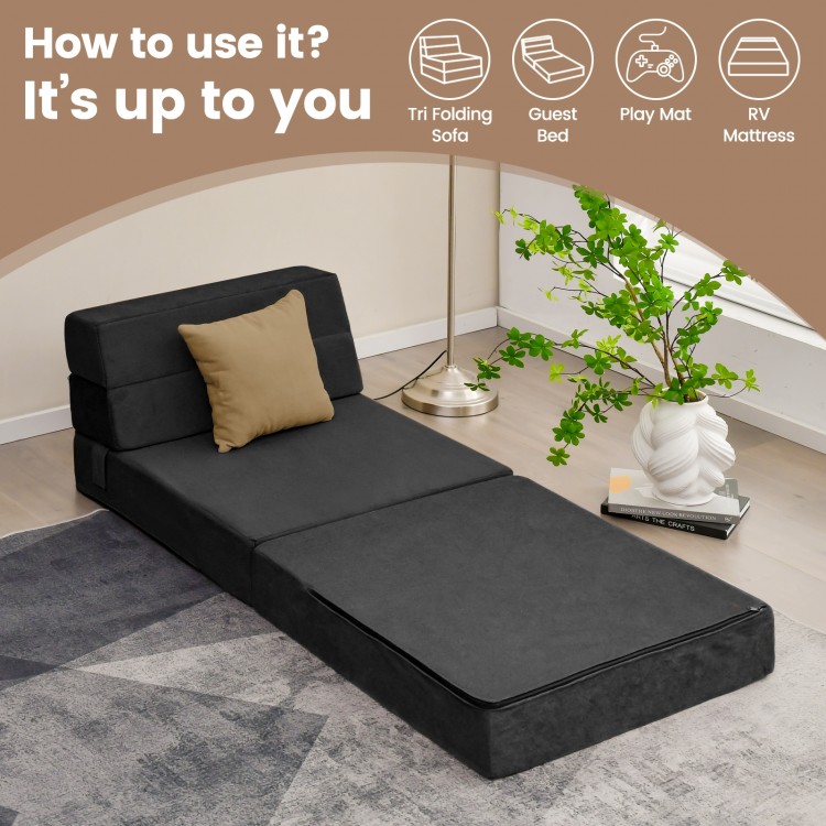 Tri-fold folding chair in black, convertible to a sleeper bed, perfect for gaming, reading, or relaxing in small spaces.