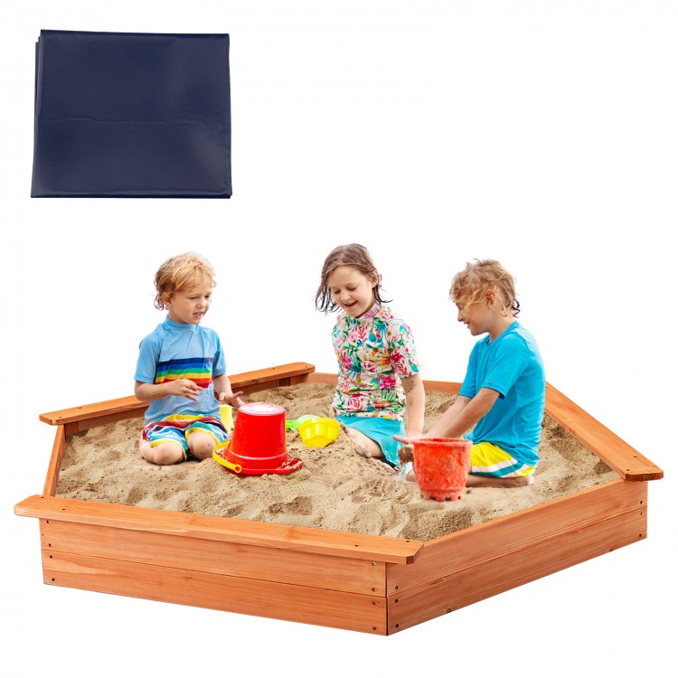 Hexagon wooden cedar sand box with seat boards, ideal for 4-6 kids, includes durable cover for protection.