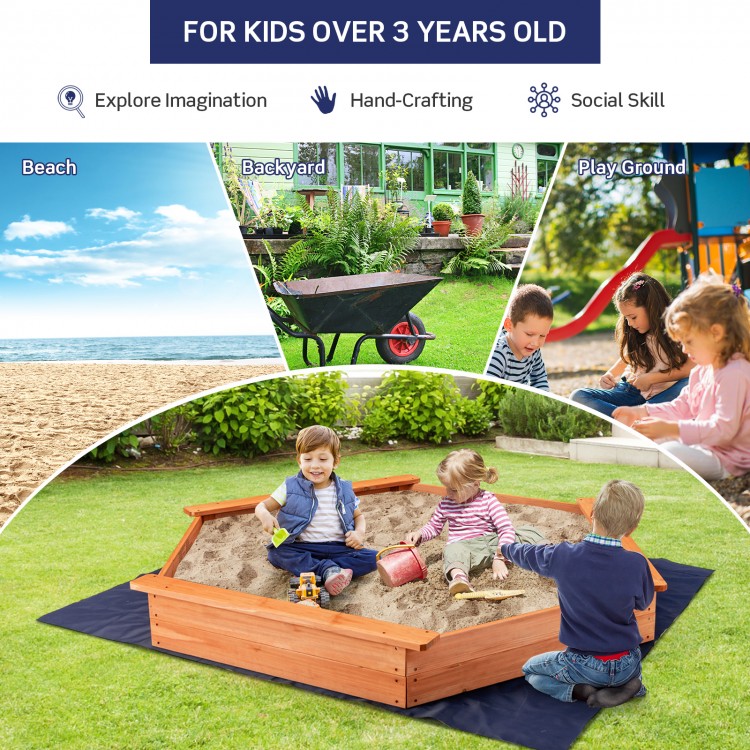 Hexagon wooden cedar sand box with seat boards, designed for kids over 3 years, perfect for backyard play.
