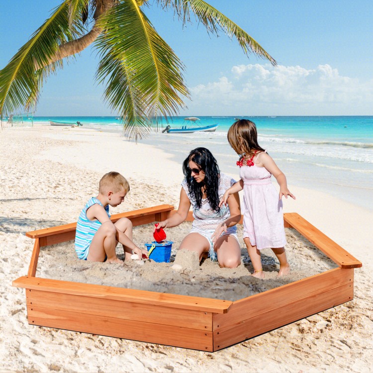 Hexagon wooden cedar sand box with seat boards, perfect for outdoor play, accommodating 4-6 kids for hours of fun.