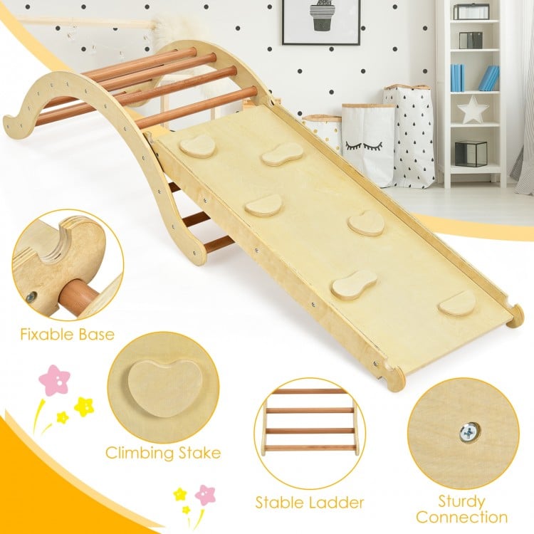3-in-1 kids climber set with wooden arch, reversible ramp, and blue mat for versatile play and safe climbing activities.