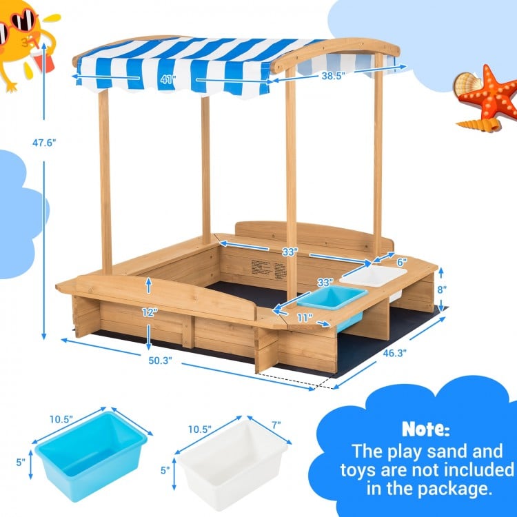 Kids wooden sandbox with striped canopy, featuring a bottomless structure for ventilation and control of sand depth.