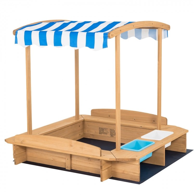 Kids wooden sandbox with striped canopy, solid cedar wood, includes plastic bins for sand and water play, perfect for.