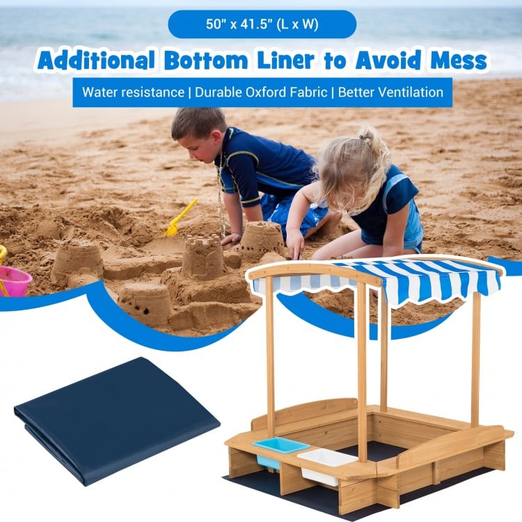 Kids wooden sandbox with striped canopy, featuring durable Oxford fabric liner for ventilation and sand depth control.