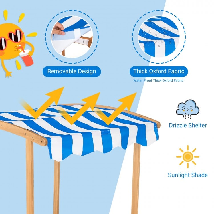 Kids wooden sandbox with striped canopy, featuring a removable design and thick waterproof fabric for sun and drizzle.