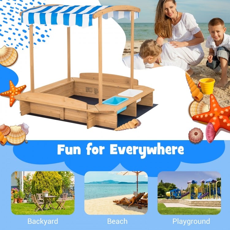 Kids wooden sandbox with striped canopy, made of solid cedar wood, perfect for backyard, beach, or playground fun.