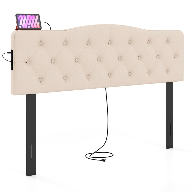 Tufted upholstered headboard in beige with rubber wood legs, featuring 2 AC outlets and USB ports for convenient.