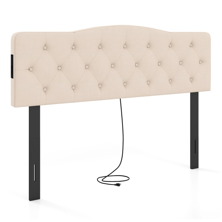 Tufted upholstered headboard in beige for queen and full size beds, featuring 2 AC outlets and USB ports for charging.
