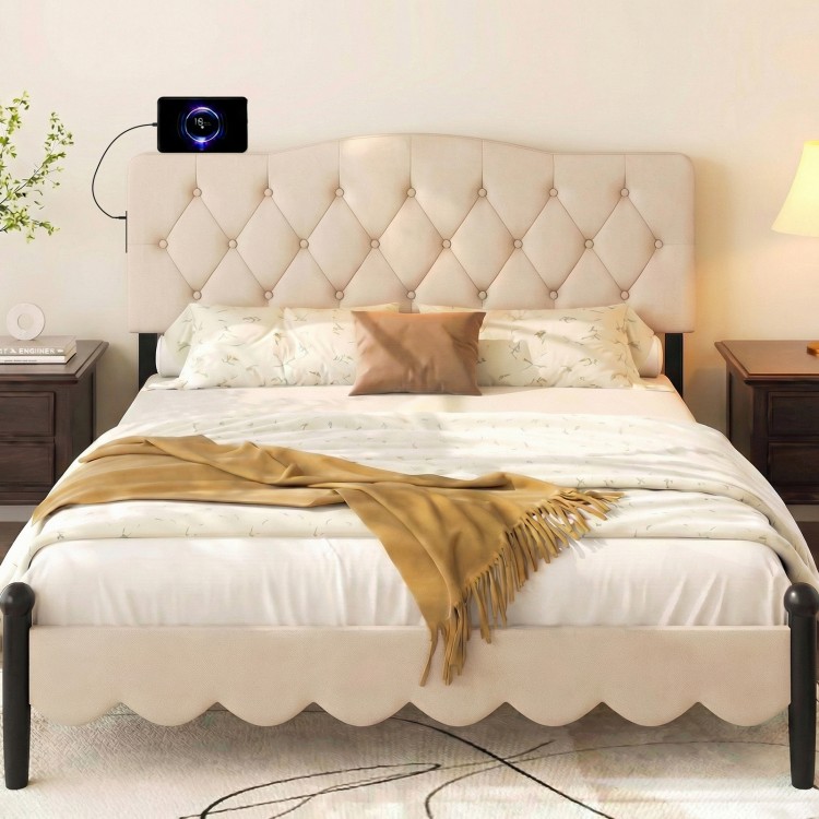 Beige tufted upholstered headboard suitable for queen and full size beds, featuring convenient AC outlets and USB ports.