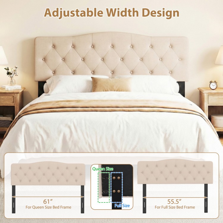 Tufted upholstered headboard in beige for queen and full size beds, featuring adjustable width and 2 AC outlets.