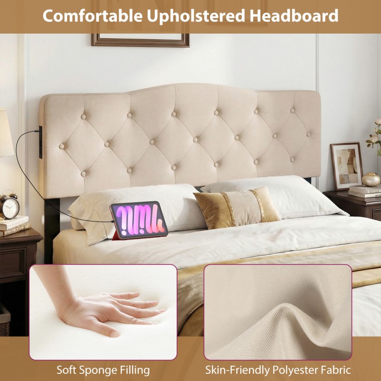 Tufted upholstered headboard in beige with soft sponge filling and 2 AC outlets, ideal for queen and full size beds.