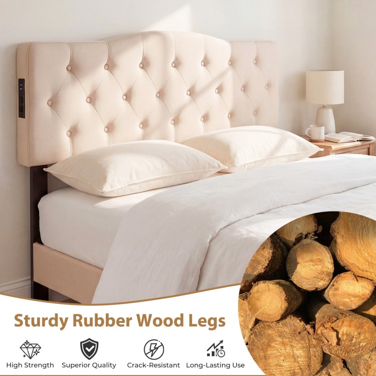 Tufted upholstered headboard in beige with rubber wood legs, featuring 2 AC outlets for convenient charging.