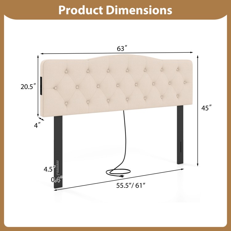 Tufted upholstered headboard in beige with dimensions, featuring 2 AC outlets and adjustable width for queen and full.