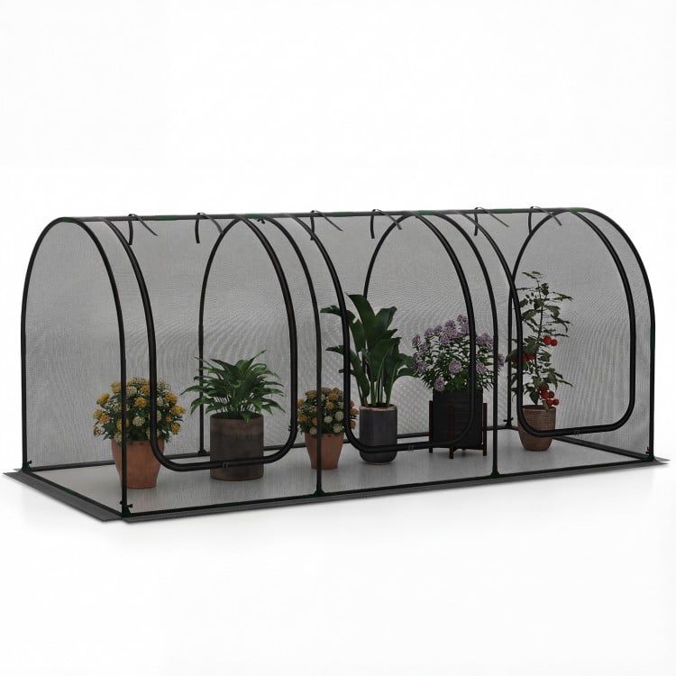 Large portable plant protection tent with breathable mesh and three roll-up zippered doors for easy access and.