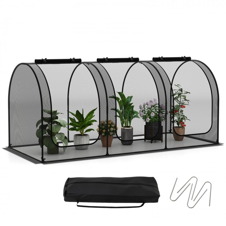 Large portable plant protection tent with three roll-up zippered doors, breathable mesh, and U-shaped ground stakes for.