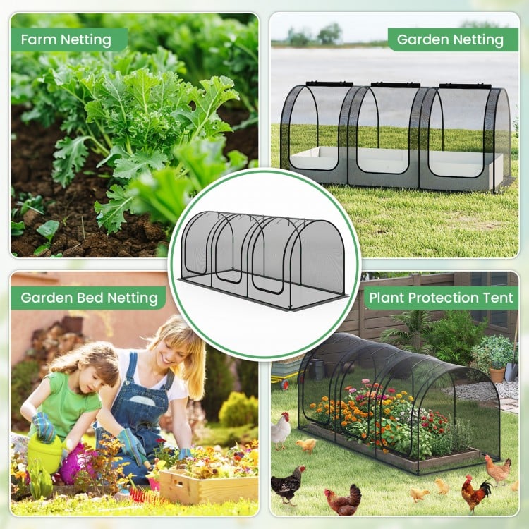 Large portable plant protection tent with breathable mesh, featuring 3 roll-up zippered doors for easy access and.