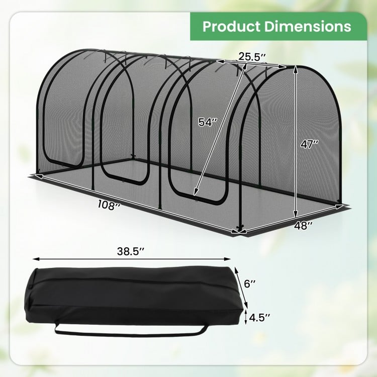 Large portable plant protection tent with breathable mesh, featuring 3 roll-up zippered doors and U-shaped ground.