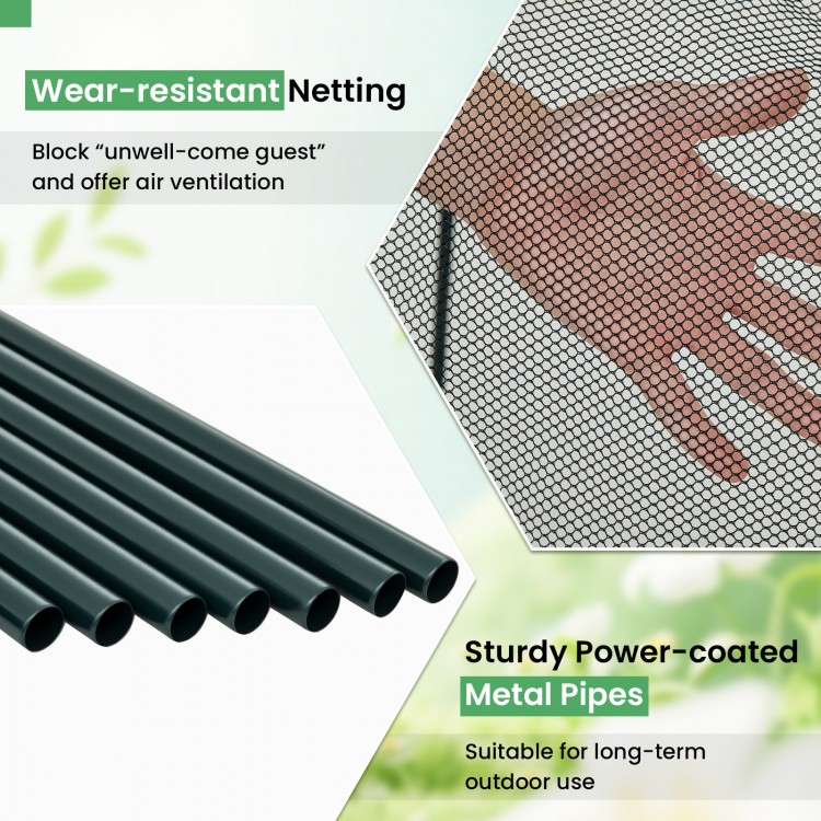 Wear-resistant mesh netting and sturdy power-coated metal pipes for the Tunnel Crop Cage, ideal for outdoor plant.