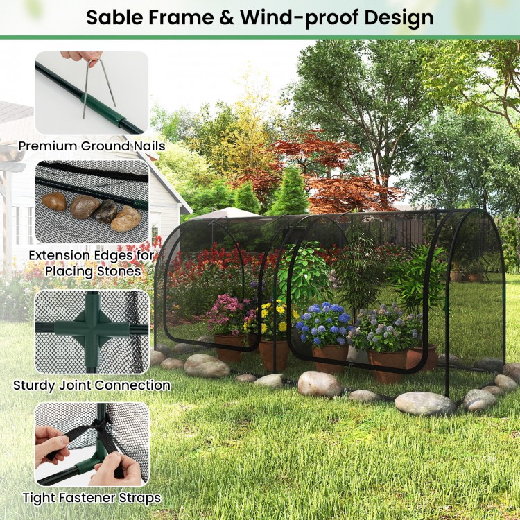 Tunnel crop cage with breathable mesh, roll-up zippered doors, and sturdy frame for plant protection in gardens.