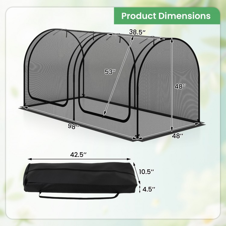 Large portable plant protection tent with breathable mesh, featuring 2 roll-up zippered doors and U-shaped ground.
