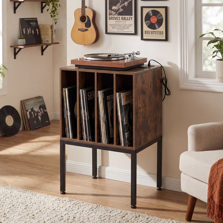 Turntable record player stand in rustic brown with power outlets, holding vinyl records, perfect for living room use.