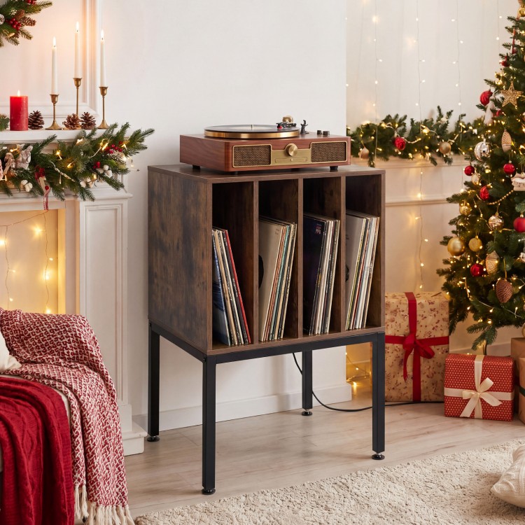 Turntable record player stand in rustic brown with power outlets, holding vinyl records and a turntable, ideal for.
