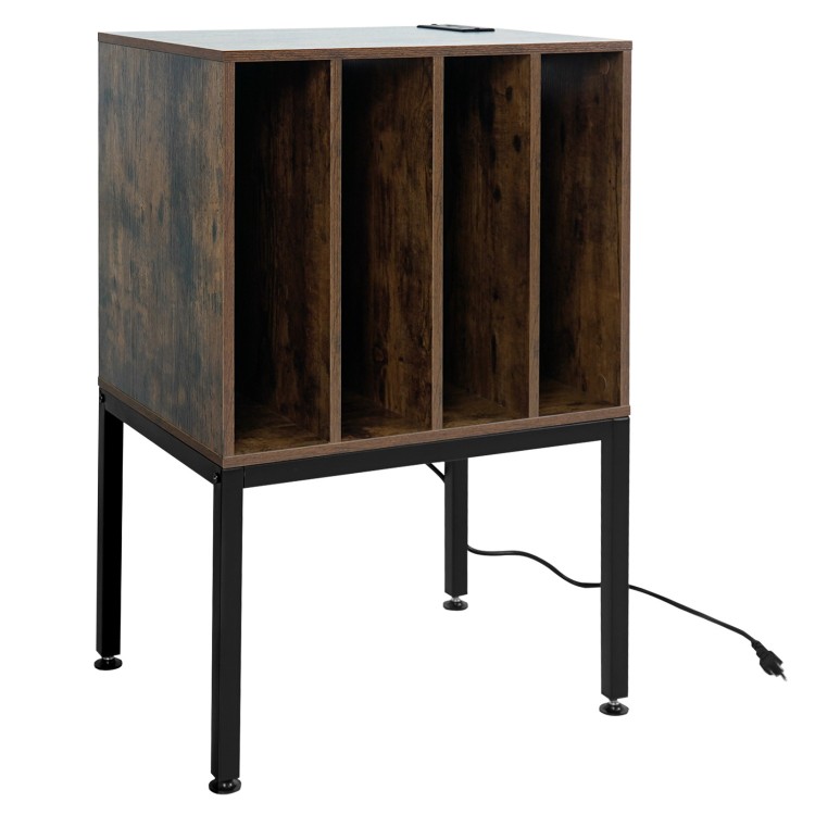 Turntable record player stand in rustic brown with power outlets, featuring compartments for 150 vinyl records and a.
