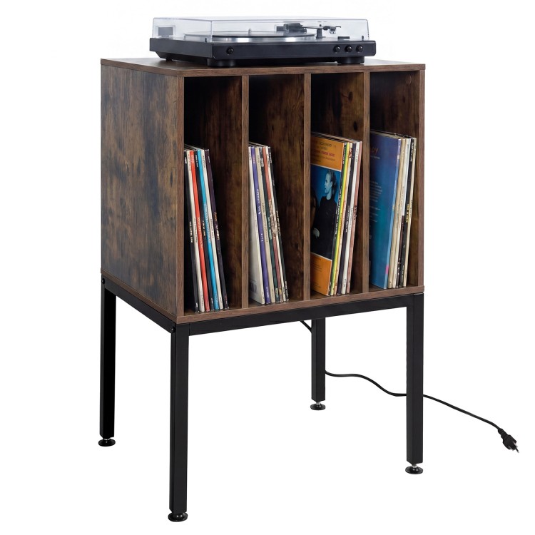 Turntable record player stand in rustic brown with compartments for 150 vinyl records and built-in power outlets.