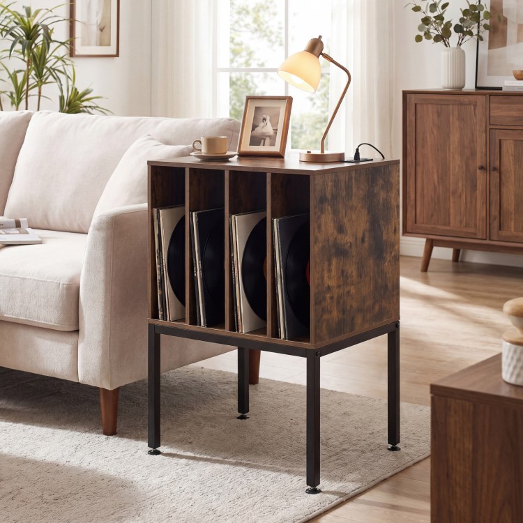 Turntable record player stand in rustic brown with power outlets, holding vinyl records and offering a spacious.