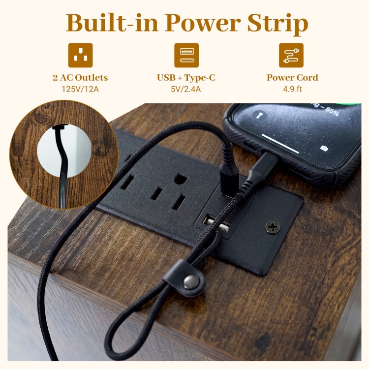 Power strip with 2 AC outlets and USB-C on rustic brown turntable stand for easy device connectivity.