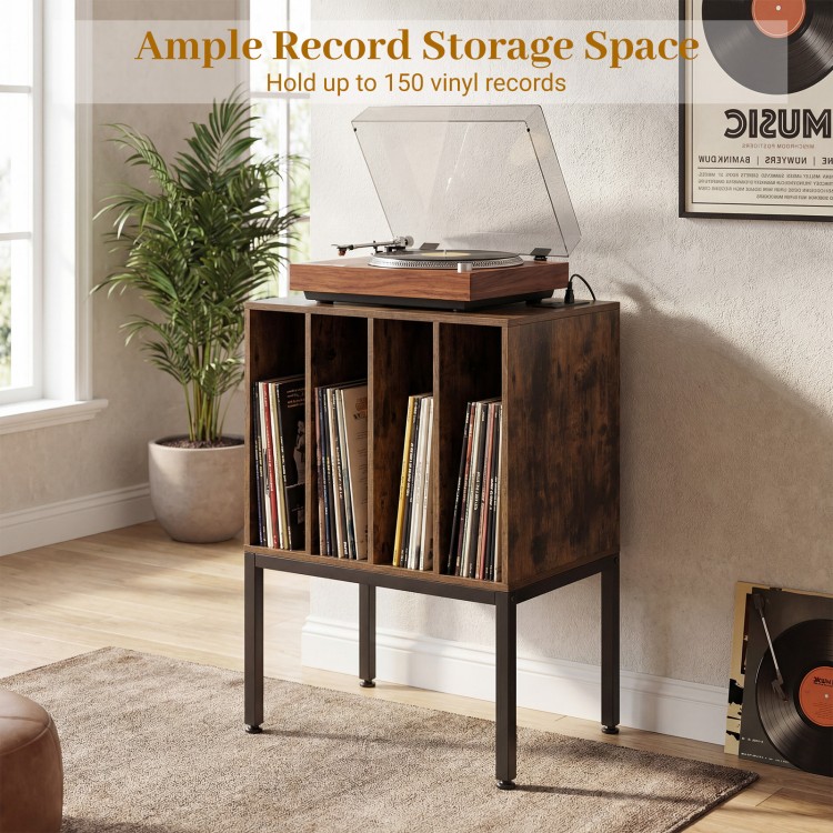 Turntable record player stand in rustic brown with storage for 150 vinyl records, power outlets, and spacious tabletop.