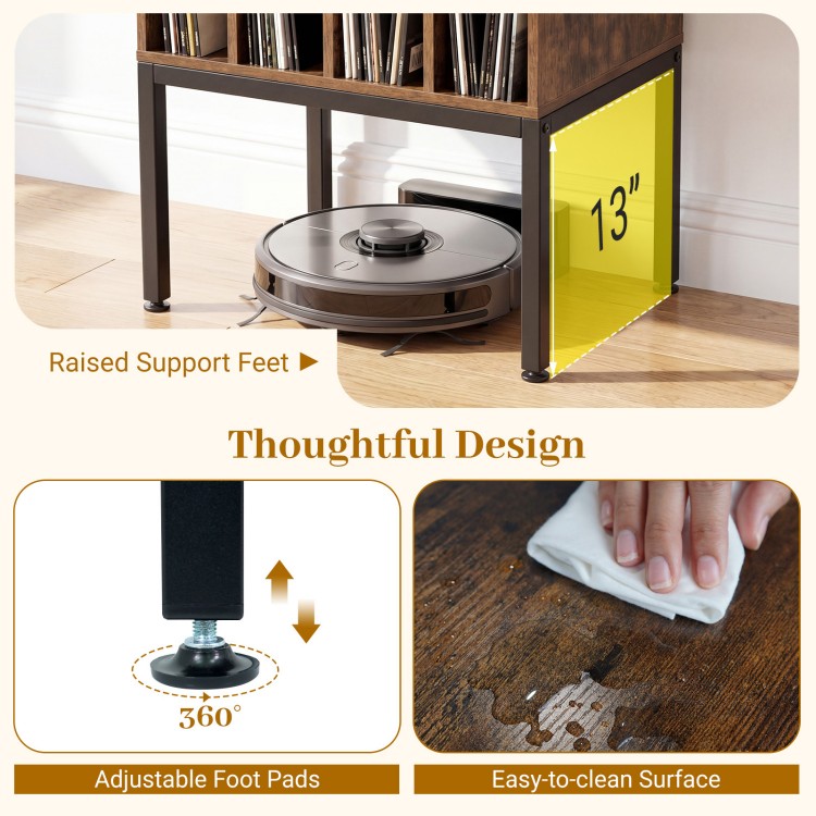 Turntable record player stand in rustic brown with raised support feet and adjustable foot pads for easy cleaning.