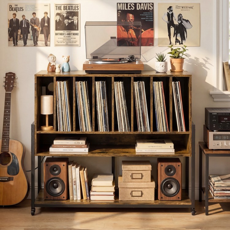 Turntable stand in rustic brown with vinyl storage, charging station, and adjustable foot pads for stylish organization.