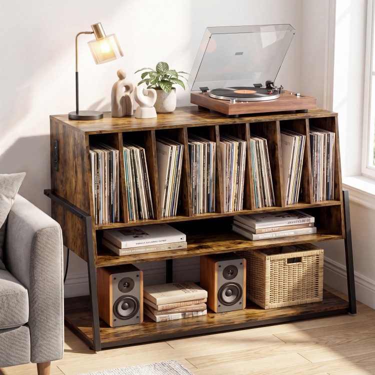 Rustic brown turntable stand showcasing vinyl storage shelves, speakers, and decorative items for a stylish audio setup.